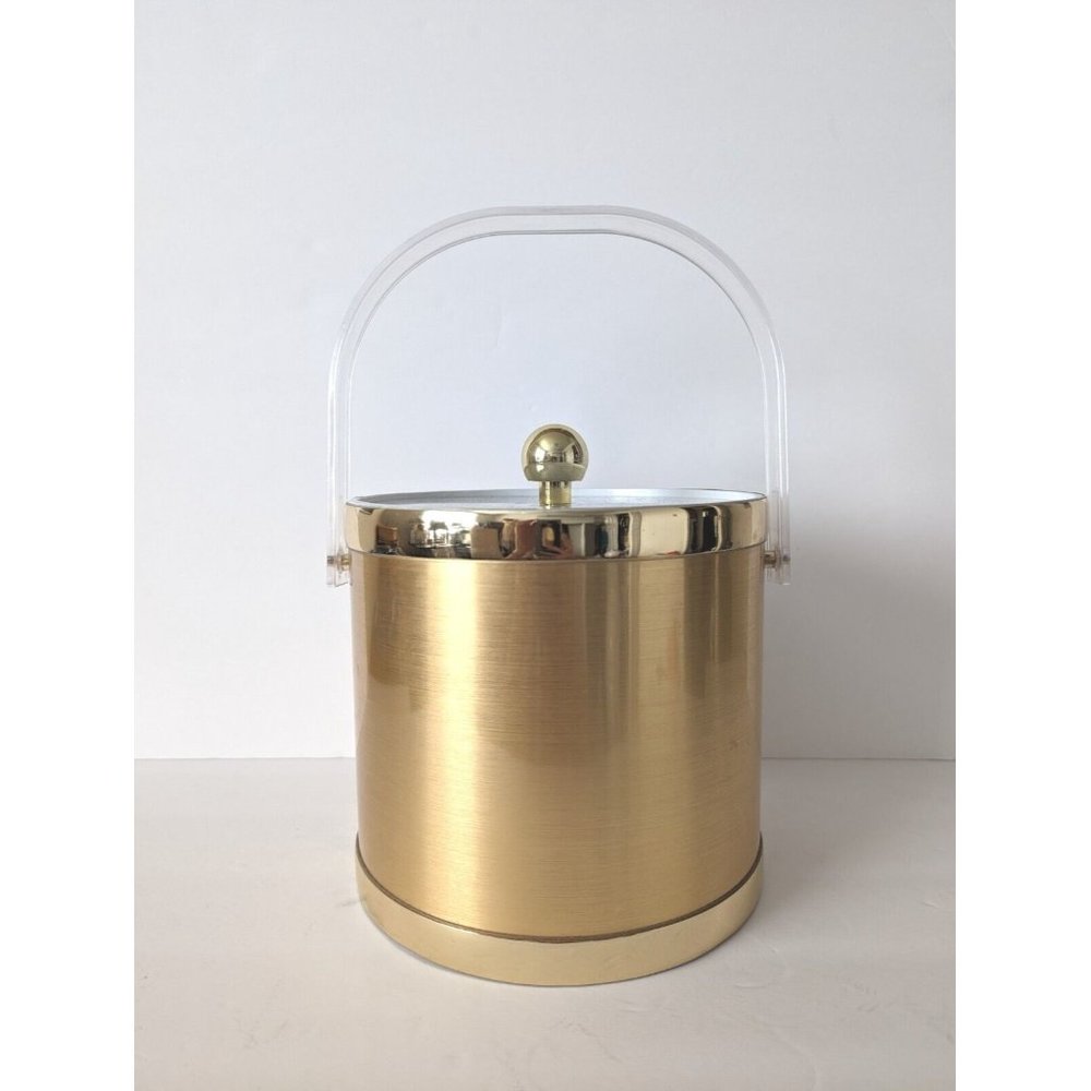 Vintage Ice Bucket Gold Hollywood Regency Acrylic Handle Clear Lid - Picture 5 of 9